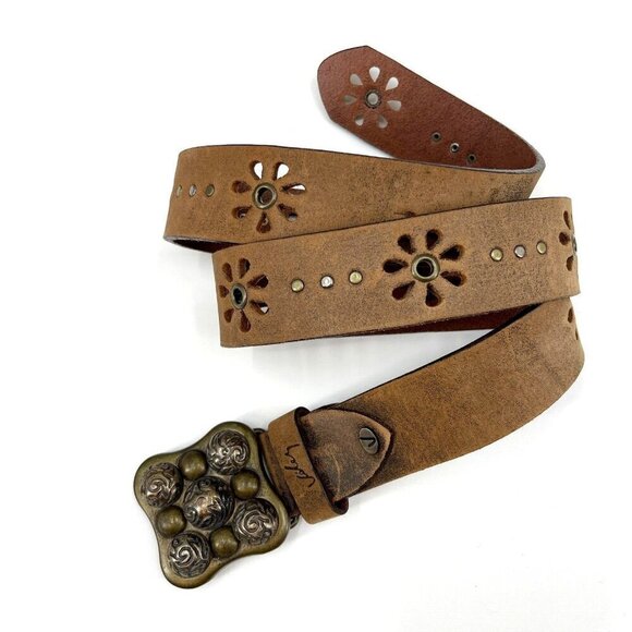 Velez Size M NWOT Brown Leather Flower Cut Out Boho Hippie Leather Studded Belt main image 6